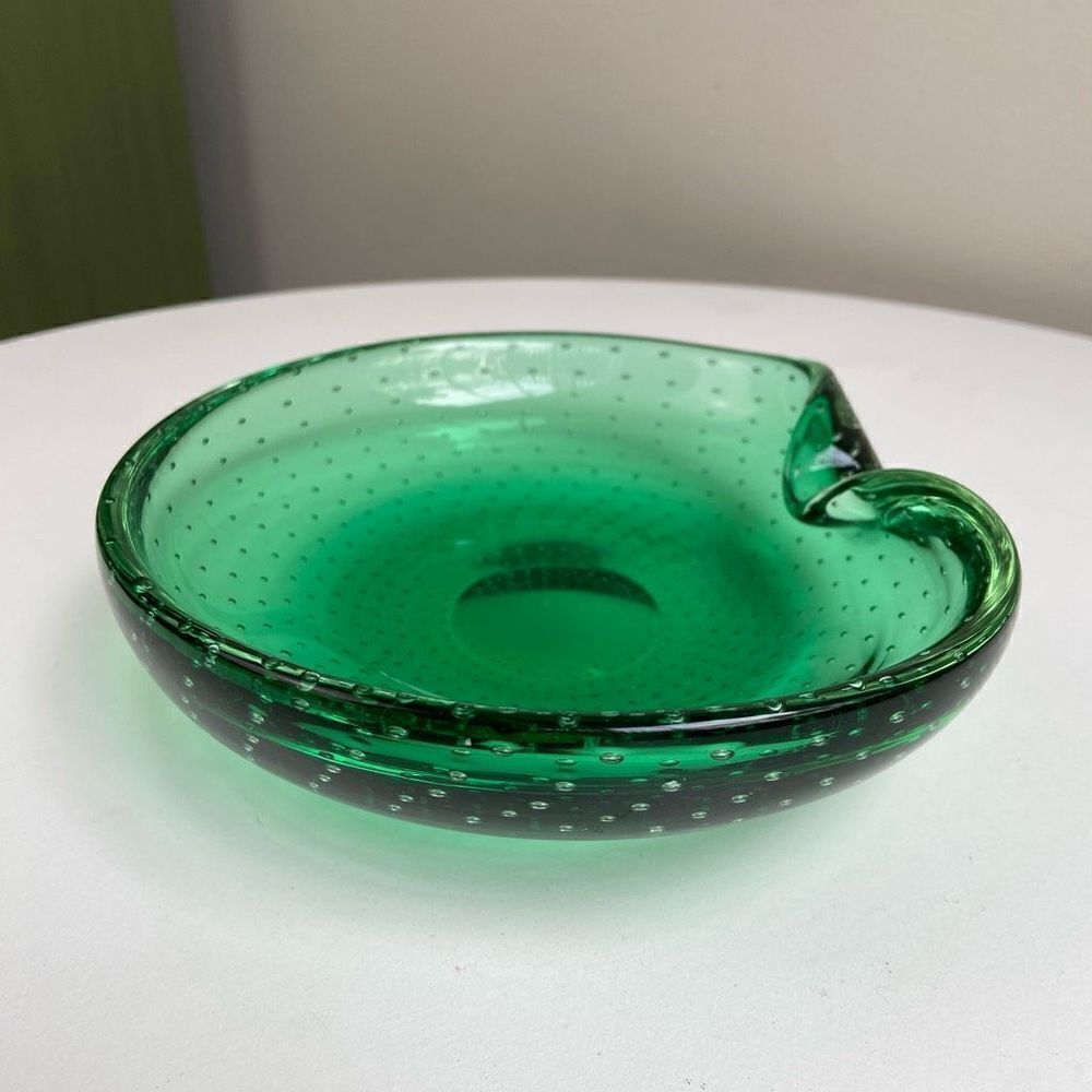 VTG Handblown Glass Dish Ashtray Emerald Green Bullicante Controlled Bubble